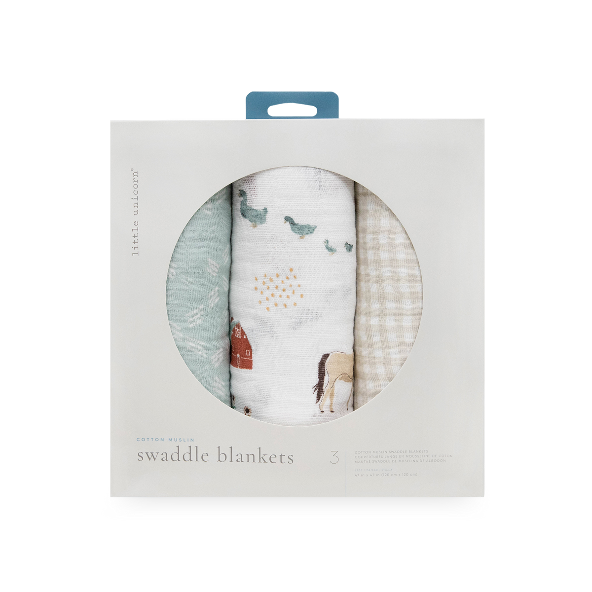 Cotton Muslin Swaddle Blanket 3 Pack - Farmyard